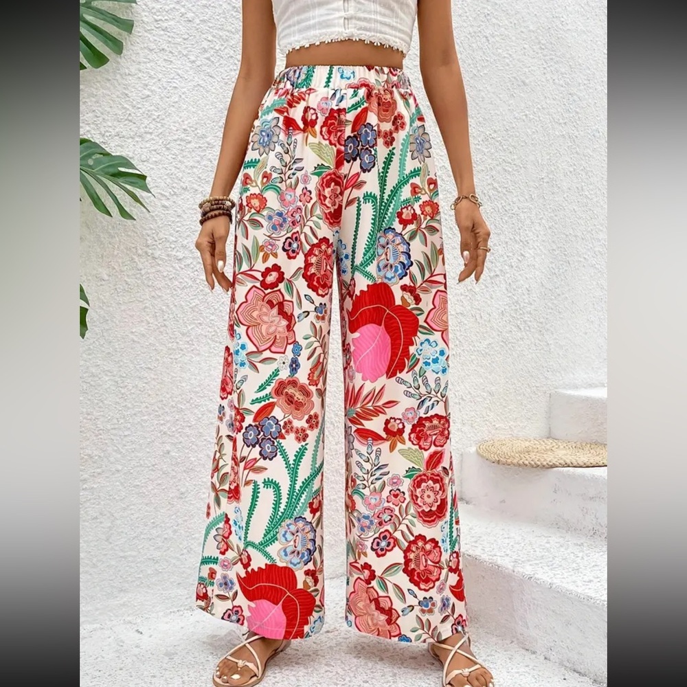 Red Multicolor pocketed high rise floral Wide bohemian boho Long Pants - Picture 4 of 6